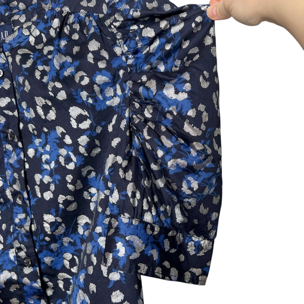 GAP Cotton Puff Sleeve Button Front Blouse Blue & Silver Size Medium - Picture 7 of 12